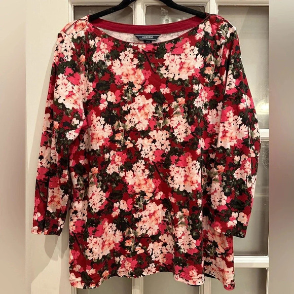 Lands’ End 3/4 Sleeve Hydrangea Floral Pink & Red Cotton Top Blouse Size XL 18 - Picture 5 of 11